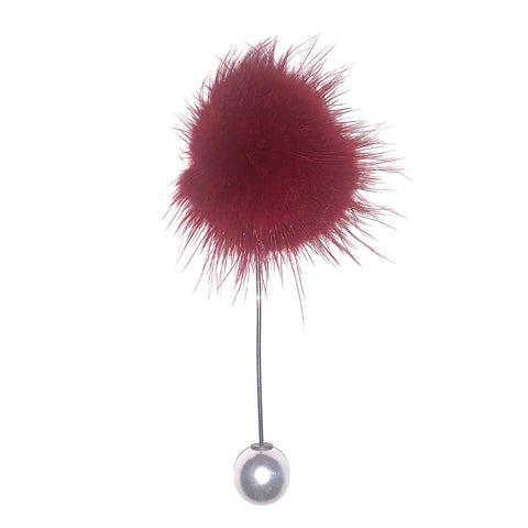 Wine Soft Fur & Pearl Closure Lapel Pin